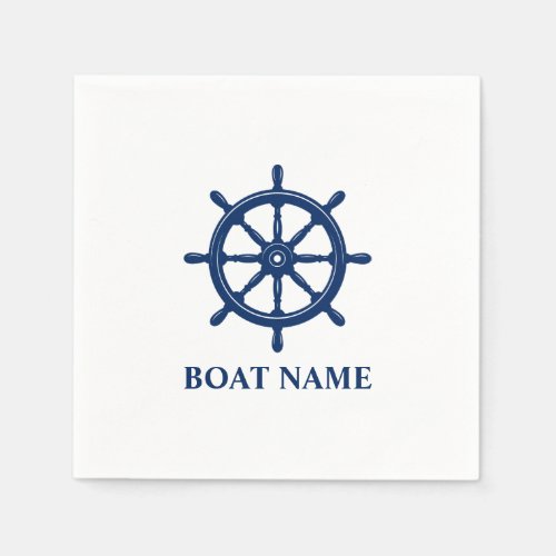 Your Boat Name Ships Wheel Helm Navy Blue Napkins