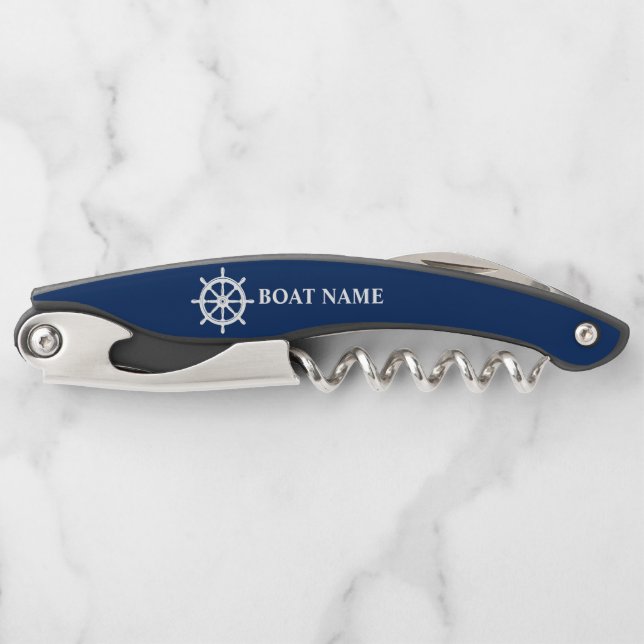 Your Boat Name Ships Wheel Helm on Navy Waiter's Corkscrew (Front)