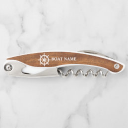 Your Boat Name Ships Wheel Helm Wood Style Waiter&#39;s Corkscrew
