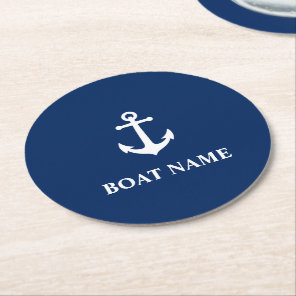 Your Boat Name & Vintage Nautical Anchor Navy Blue Round Paper Coaster
