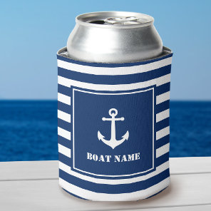 Your Boat Name Vintage Nautical Anchor Striped Can Cooler