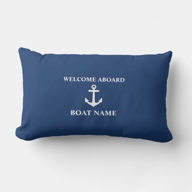 Your Boat Name Welcome Aboard Anchor Blue Lumbar Pillow (Front)