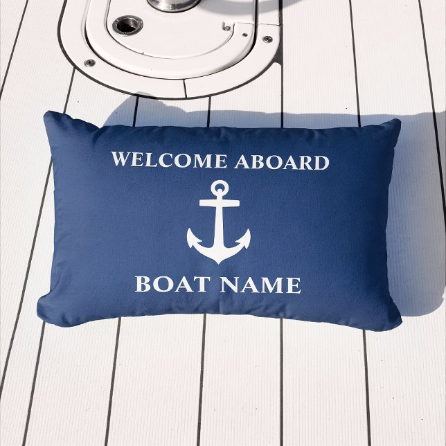 Your Boat Name Welcome Aboard Anchor Blue Lumbar Pillow (Creator Uploaded)
