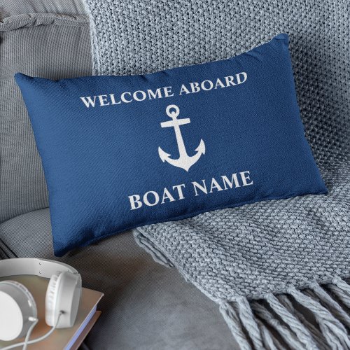 Your Boat Name Welcome Aboard Anchor Blue Lumbar Pillow