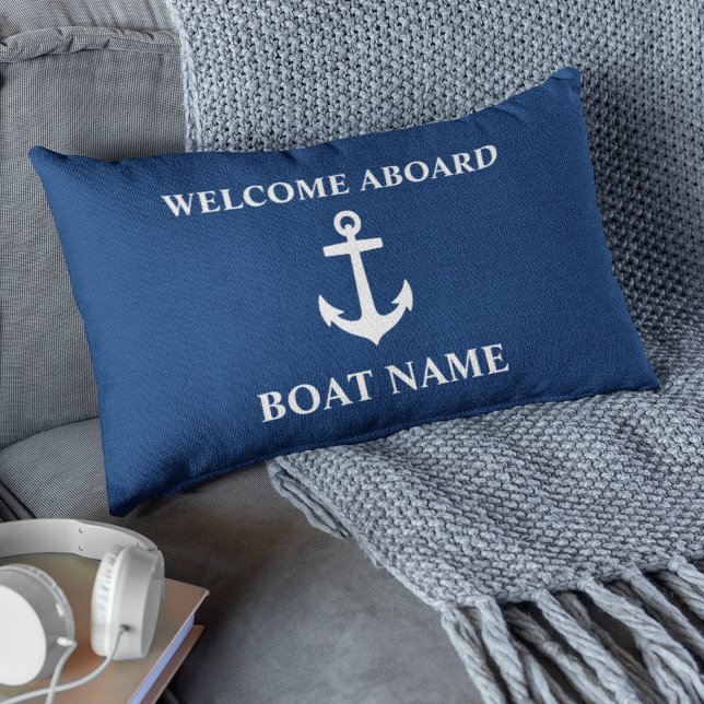 Your Boat Name Welcome Aboard Anchor Blue Lumbar Pillow (Creator Uploaded)
