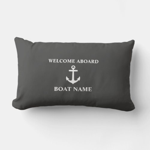 Your Boat Name Welcome Aboard Anchor Gray Lumbar Pillow