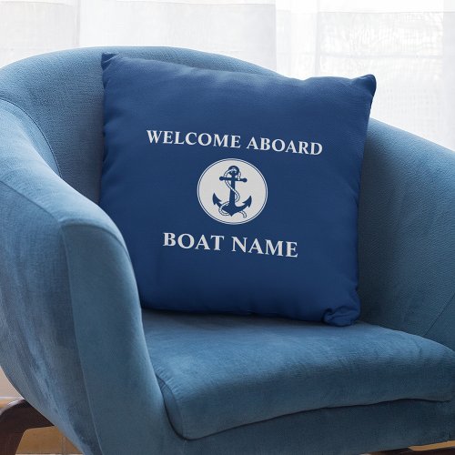 Your Boat Name Welcome Aboard Rope  Anchor Blue Throw Pillow
