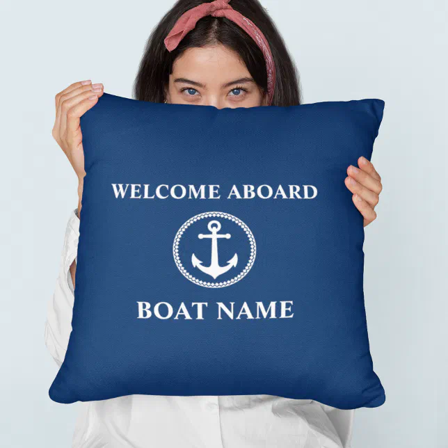 Your Boat Name Welcome Aboard Sea Anchor Blue Throw Pillow Zazzle