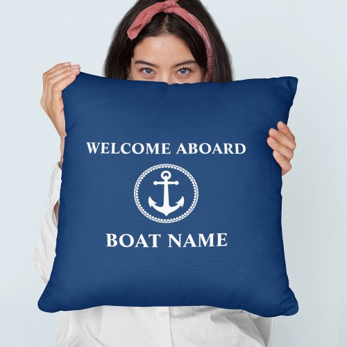 Your Boat Name Welcome Aboard Sea Anchor Blue Throw Pillow
