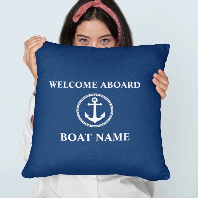 Your Boat Name Welcome Aboard Sea Anchor Blue Throw Pillow (Creator Uploaded)