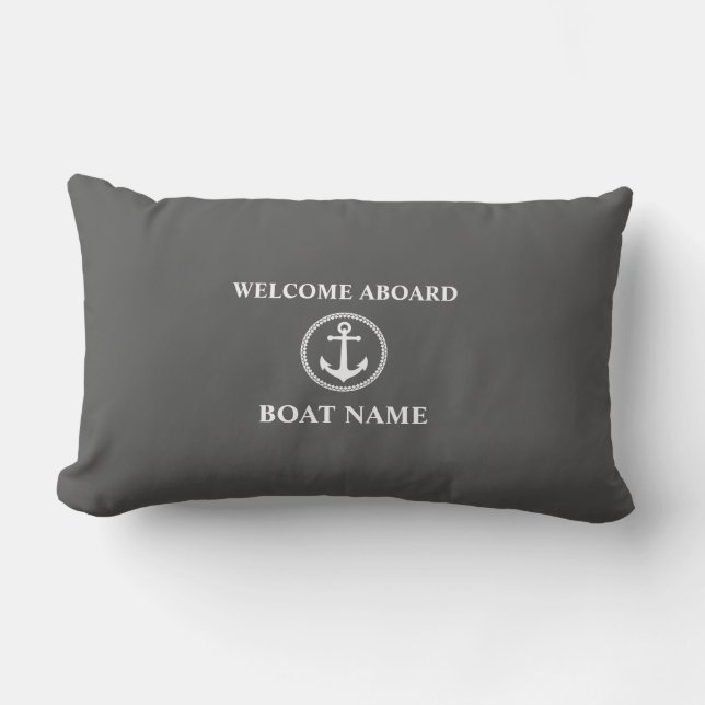 Your Boat Name Welcome Aboard Sea Anchor Gray Lumbar Pillow (Front)