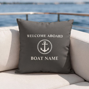 Your Boat Name Welcome Aboard Sea Anchor Gray Throw Pillow