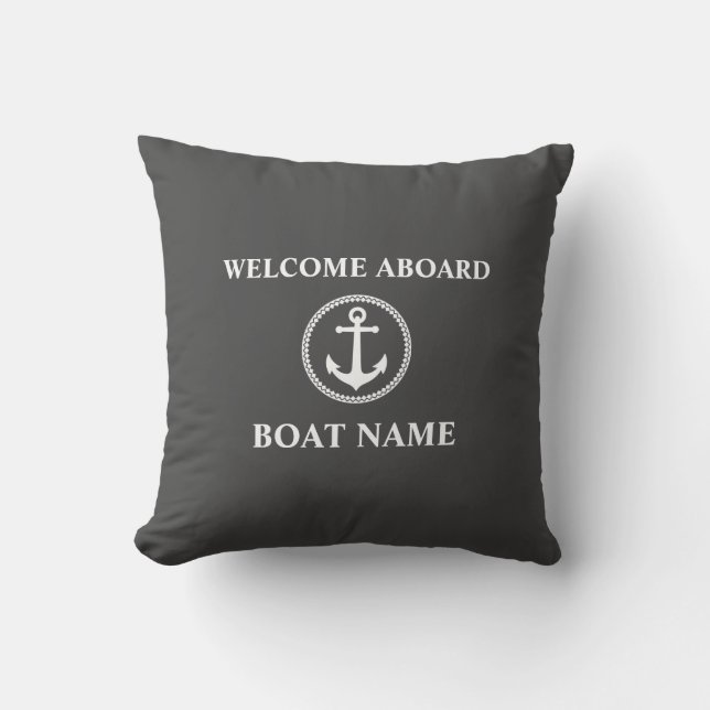 Your Boat Name Welcome Aboard Sea Anchor Gray Throw Pillow (Front)