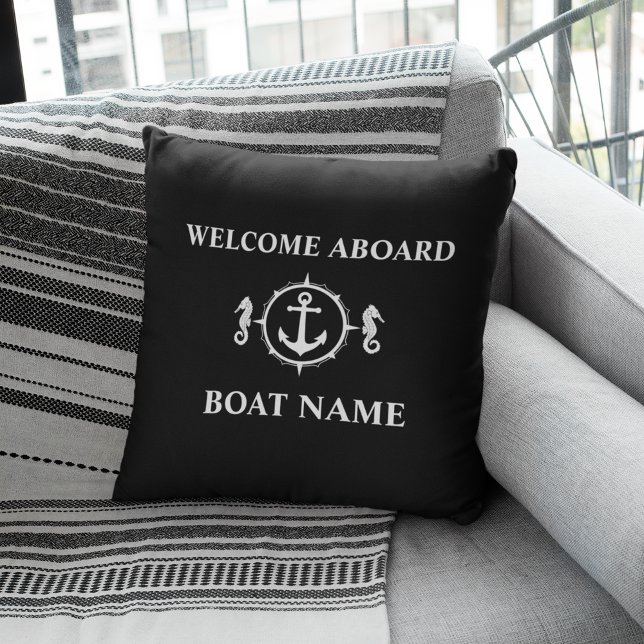 Your Boat Name Welcome Aboard Seahorse Anchor sh0b Throw Pillow (Creator Uploaded)