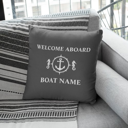 Your Boat Name Welcome Aboard Seahorse Anchor sh0g Throw Pillow