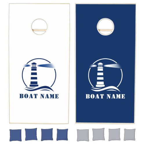 Your Boat Name With a Custom Lighthouse Navy Blue Cornhole Set