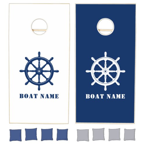Your Boat Name With a Ships Wheel Helm Navy Blue Cornhole Set