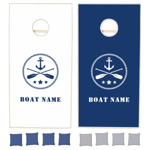 Your Boat Name With Anchor  Oars Navy Blue Cornhole Set