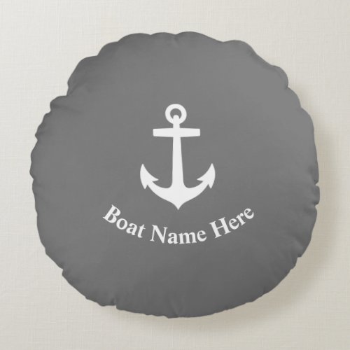 Your Boat Name With Classic Anchor On Gray Round Pillow