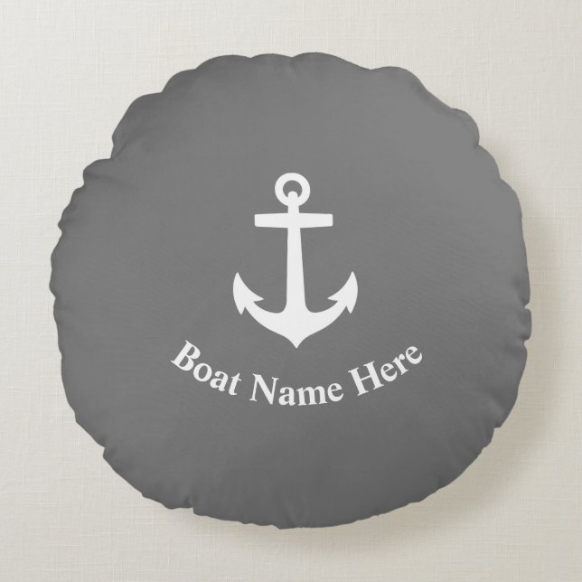 Your Boat Name With Classic Anchor On Gray Round Pillow (Front)