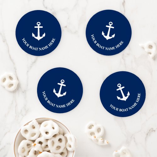 Your Boat Name with Classic Anchor on Navy Blue Coaster Set