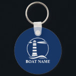 Your Boat Name with Classic Lighthouse Keychain<br><div class="desc">Nautical Your Boat Name with a Classic Lighthouse on a Blue Keychain.</div>