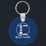 Your Boat Name with Classic Lighthouse Keychain<br><div class="desc">Nautical Your Boat Name with a Classic Lighthouse on a Blue Keychain.</div>