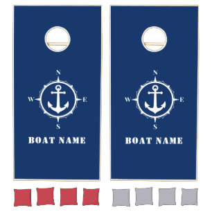 Your Boat Name With Compass Anchor on Navy Blue Cornhole Set