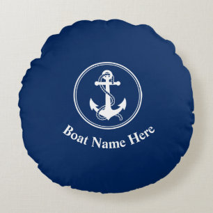 Your Boat Name With Rope & Anchor Navy Blue Round Pillow