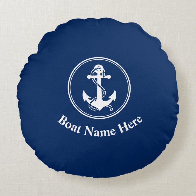 Your Boat Name With Rope & Anchor Navy Blue Round Pillow (Front)
