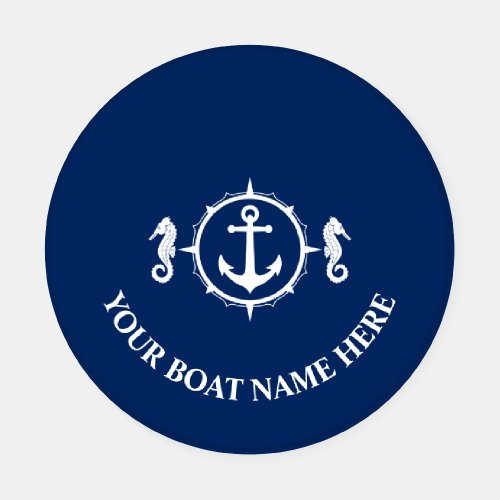 Your Boat Name with Seahorse Anchor on Navy Blue Coaster Set