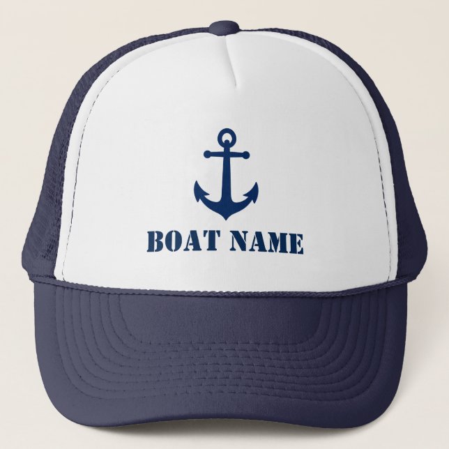 Your Boat Name with Vintage Anchor in Navy Blue Trucker Hat (Front)