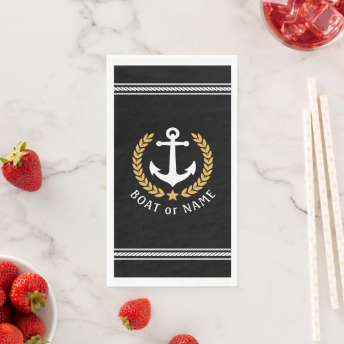 Your Boat or Family Name Anchor Laurel Rope Black Paper Guest Towels