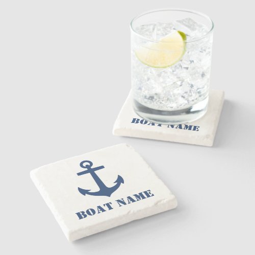 Your Boat or Family Name Anchor Navy blue Marble Stone Coaster