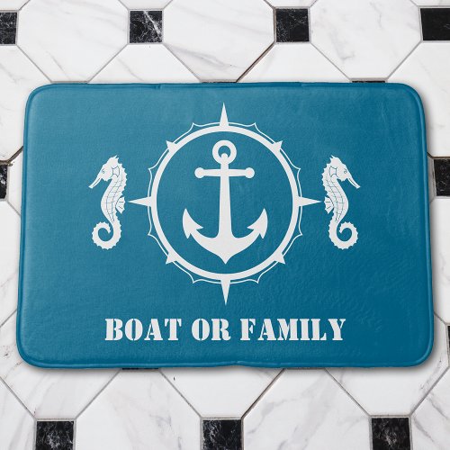 Your Boat or Family Name Seahorse Anchor Aqua Blue Bath Mat