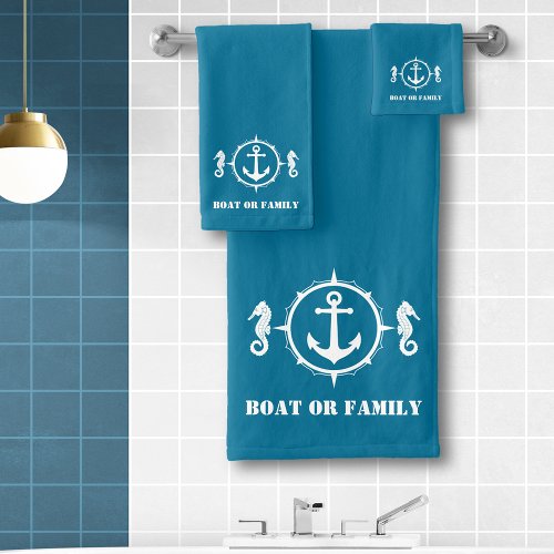 Your Boat or Family Name Seahorse Anchor Aqua Blue Bath Towel Set