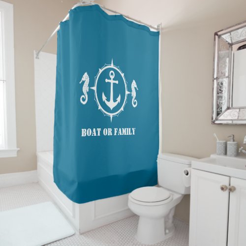 Your Boat or Family Name Seahorse Anchor Aqua Blue Shower Curtain