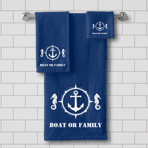 Your Boat or Family Name Seahorse Anchor Navy Blue Bath Towel Set