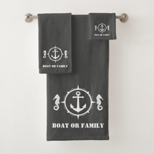 Your Boat or Family Name Seahorse Anchor Sea Gray Bath Towel Set