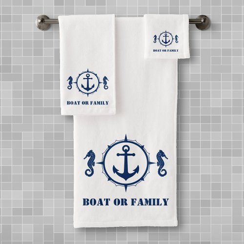 Your Boat or Family Name Seahorse Anchor White Bath Towel Set