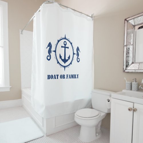 Your Boat or Family Name Seahorse Anchor White Shower Curtain