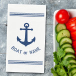Your Boat or Family Name Vintage Anchor Stripes Paper Guest Towels<br><div class="desc">Personalized paper guest towel party napkins with Your boat name, family name or other desired text. Featuring a custom designed vintage boat anchor and nautical rope stripes in navy blue on white or easily adjust the primary color to match your current theme. Great for birthdays, parties, holidays or any occasion....</div>