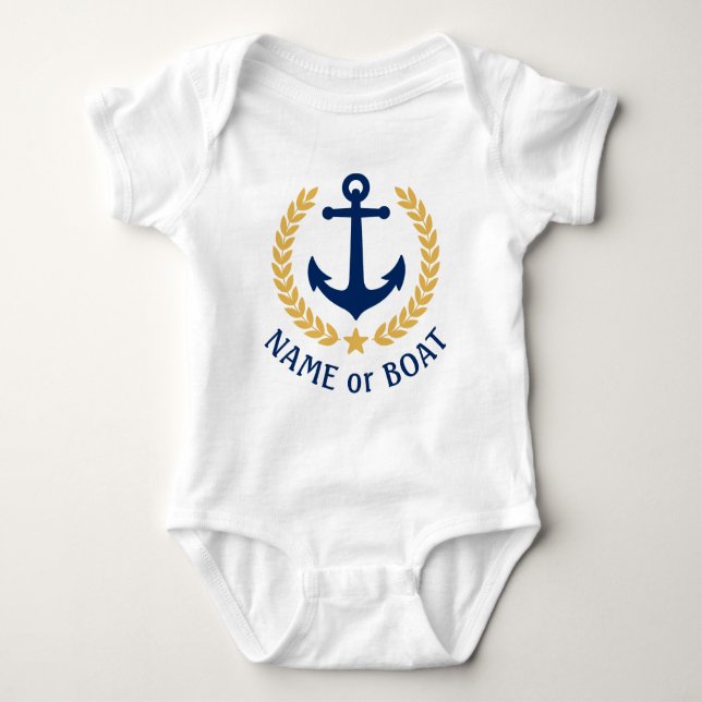Your Boat or Name Anchor Gold Laurel Leaves Star Baby Bodysuit (Front)
