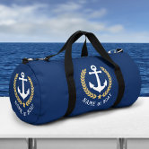 Nautical Anchor Boat Name Black White Striped Duffle Bag