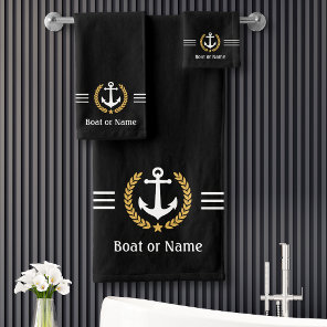 Your Boat or Name Anchor Gold Laurel Stripes Black Bath Towel Set