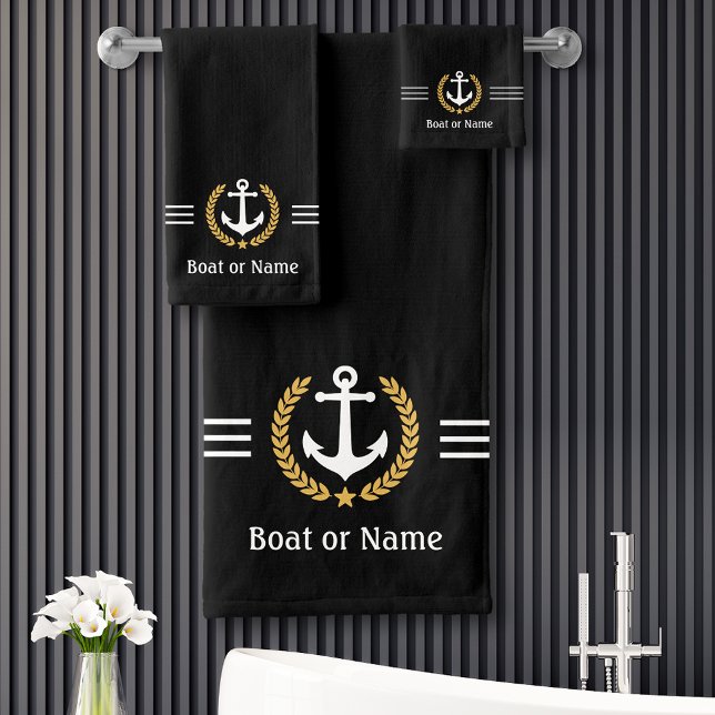 Your Boat or Name Anchor Gold Laurel Stripes Black Bath Towel Set (Creator Uploaded)