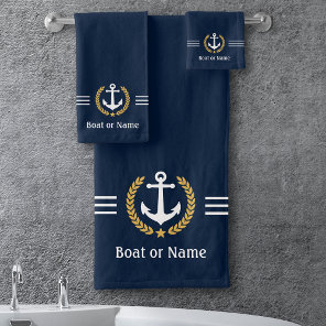 Your Boat or Name Anchor Gold Laurel Stripes Blue Bath Towel Set