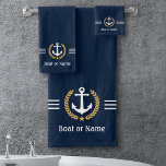 Your Boat Or Name Anchor Gold Laurel Stripes Blue Bath Towel Set at Zazzle