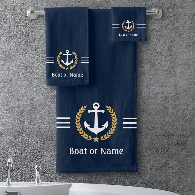 Your Boat or Name Anchor Gold Laurel Stripes Blue Bath Towel Set (Creator Uploaded)