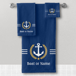 Your Boat or Name Anchor Gold Laurel Stripes Navy Bath Towel Set